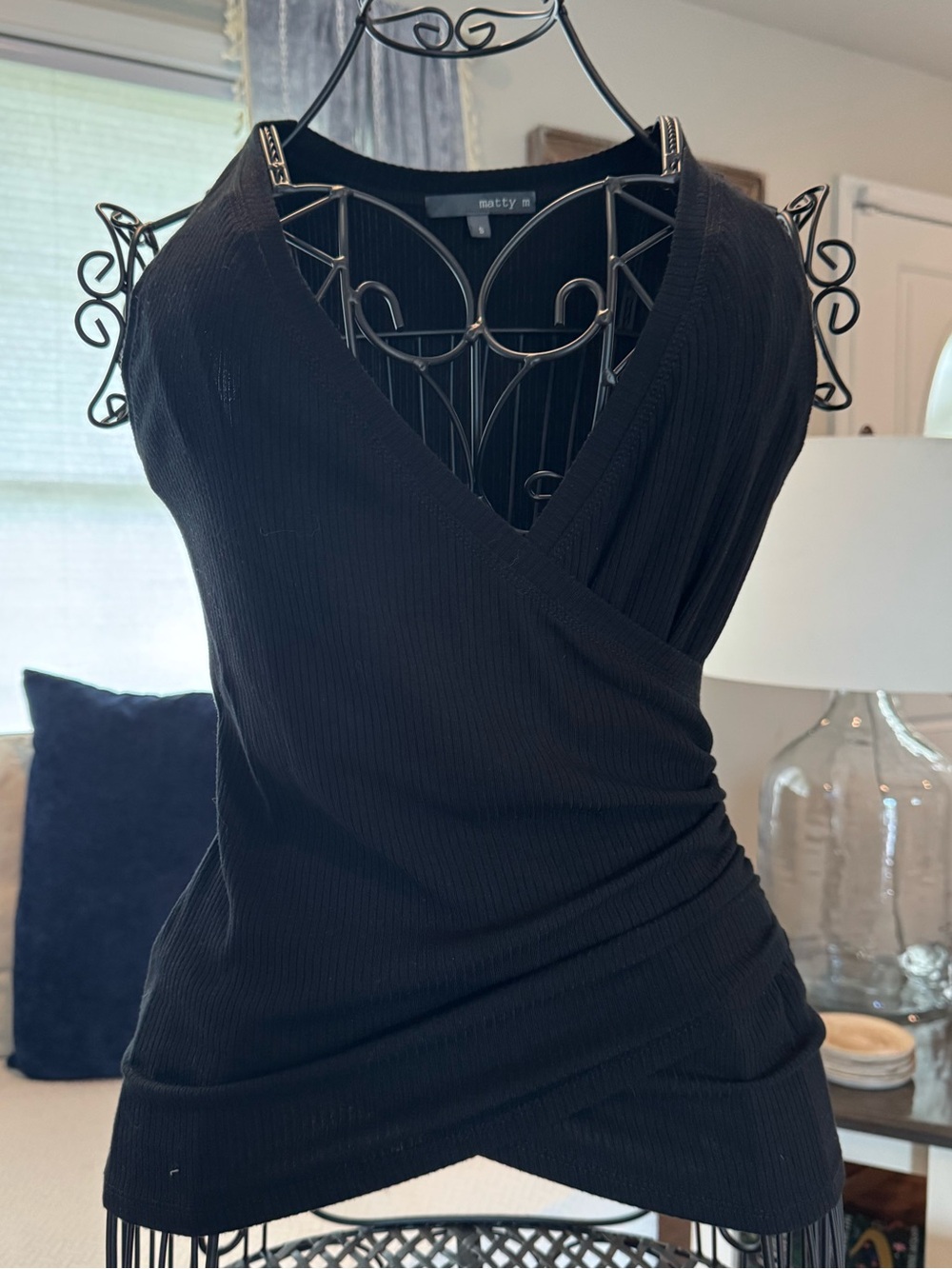 Matty M Black Ribbed Faux Wrap Sleeveless Top Size 8